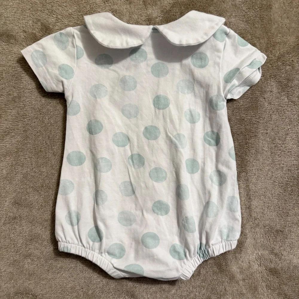 Stitchy Fish Baby Girls White Blue Polka Dot Peter Pan Collar Bubble Romper 6M